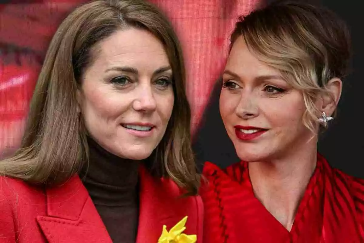 Charlene of Monaco and Kate Middleton in red clothing pose together in front of a blurry background