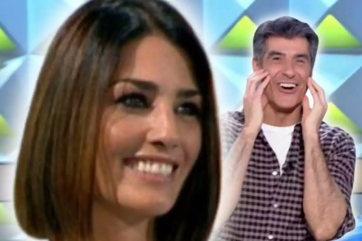 Montaje de fotos de primer plano de Laura Moure y Jorge Fernández, ambos sonrientes en el plató de 'La Ruleta de la Suerte'.