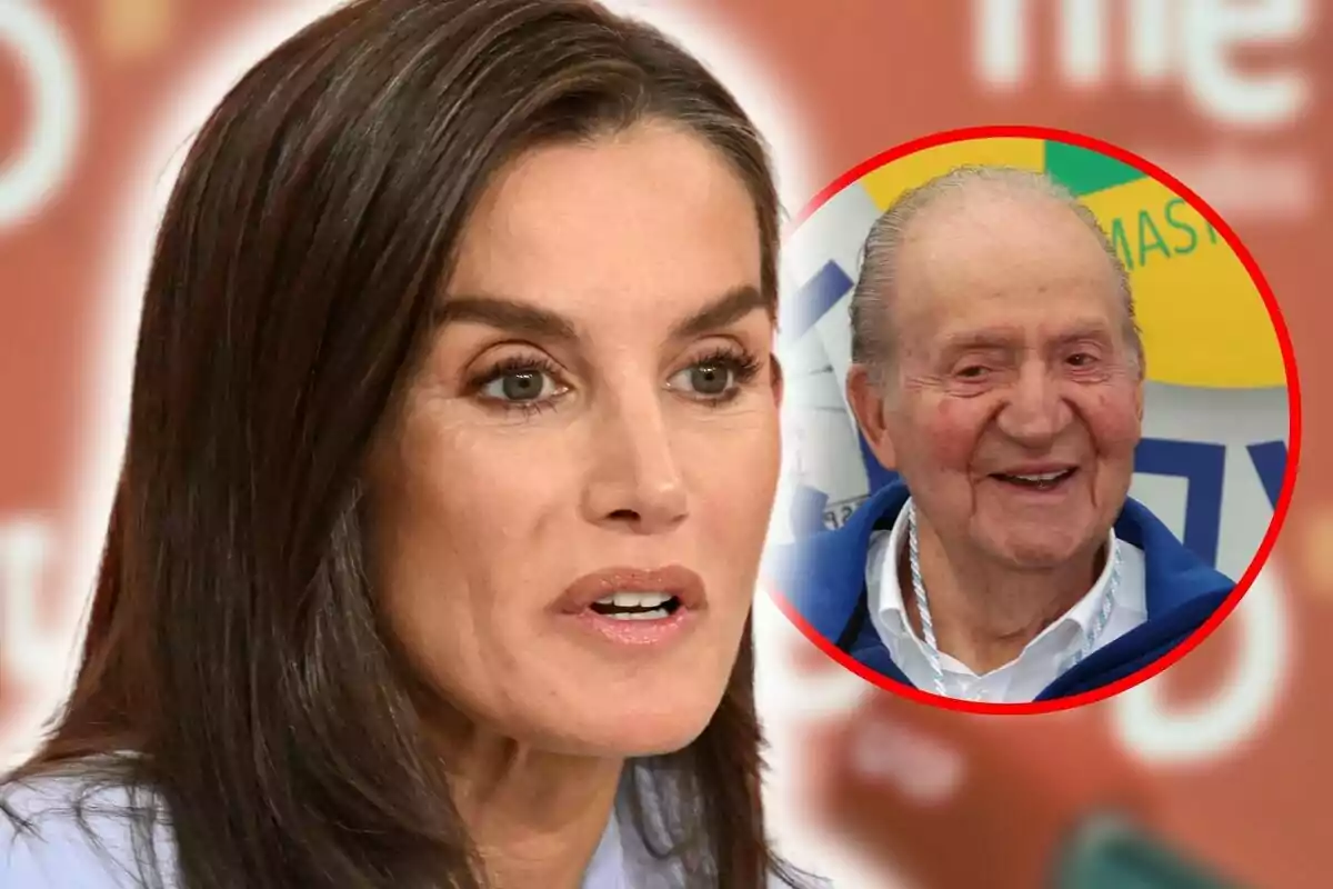 Letizia Ortiz en primer plano con la imagen de Juan Carlos I sonriendo en un círculo rojo en la esquina superior derecha.