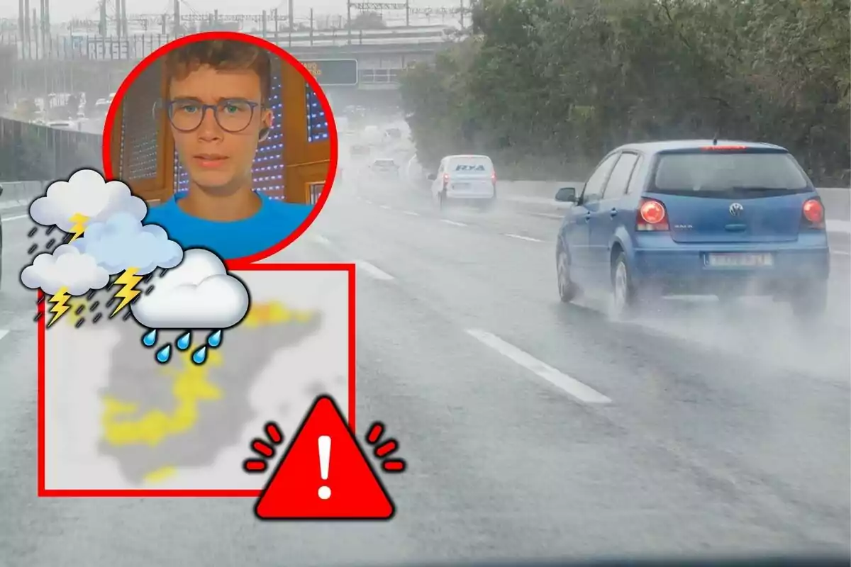 Jorge Rey con gafas aparece en un recuadro sobre una carretera lluviosa con iconos de tormenta y un mapa meteorológico.