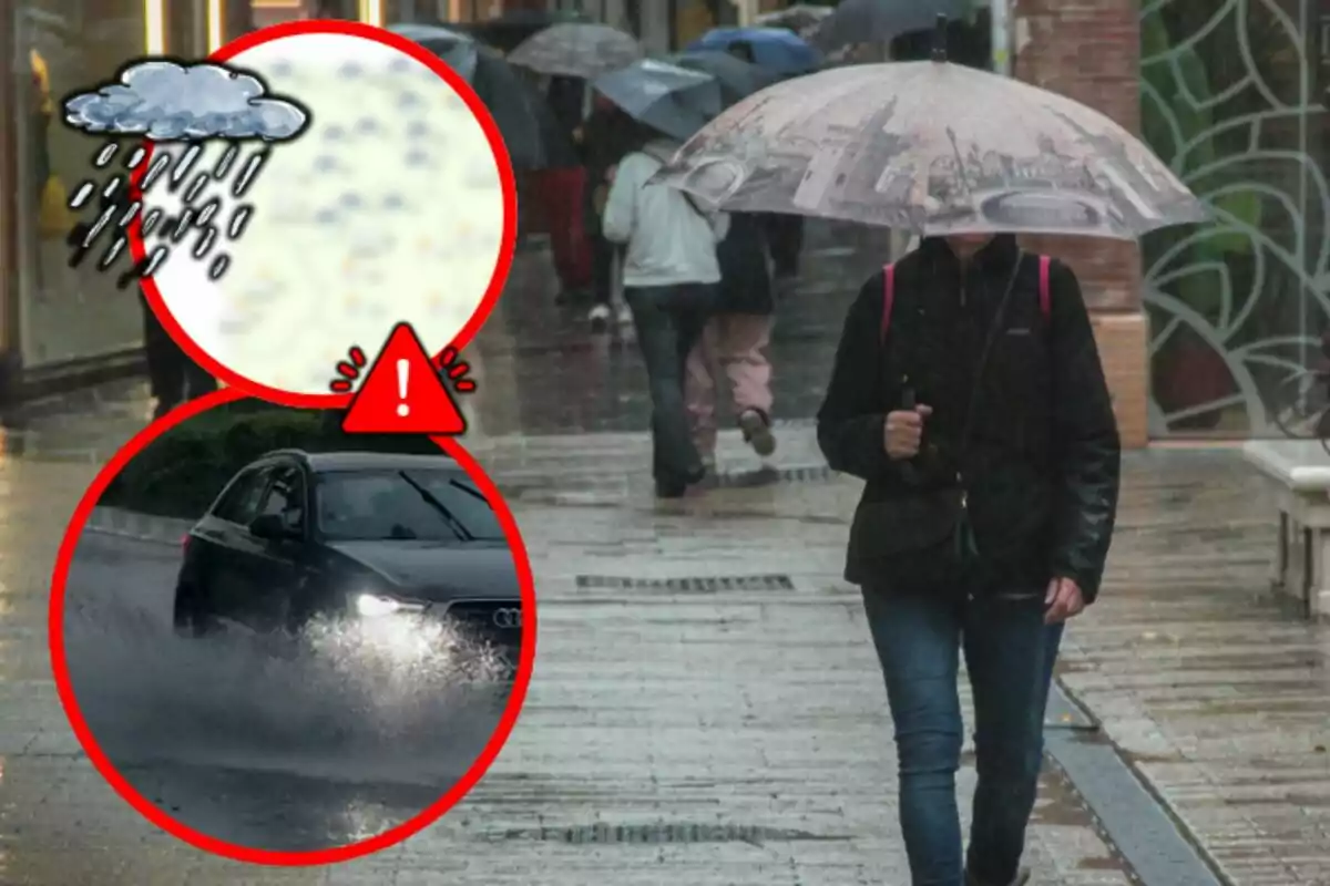 Una persona camina bajo la lluvia con un paraguas mientras un coche salpica agua en la carretera y hay iconos de advertencia de lluvia y peligro.