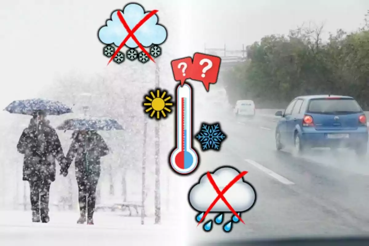 People walking in the snow with umbrellas on the left and cars driving on a wet road on the right with weather and temperature icons in the center.