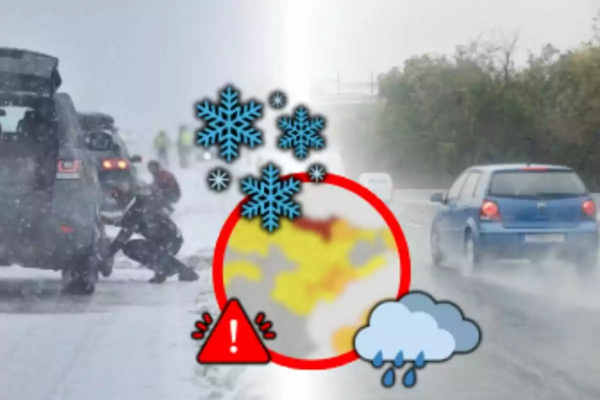 Imagen que muestra una carretera con condiciones climáticas adversas, a la izquierda un coche en la nieve y a la derecha un coche bajo la lluvia, con iconos de advertencia de clima invernal y lluvioso.