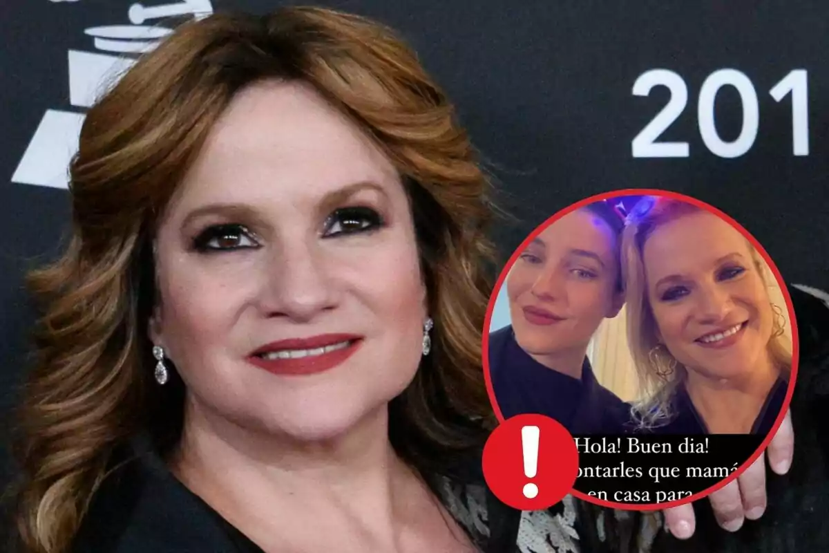 Montaje de fotos de la cantante de Pimpinela, Lucía Galán, en primer plano y una imagen circular de ella junto a su hija en su última publicación en redes sociales junto a un signo de exclamación