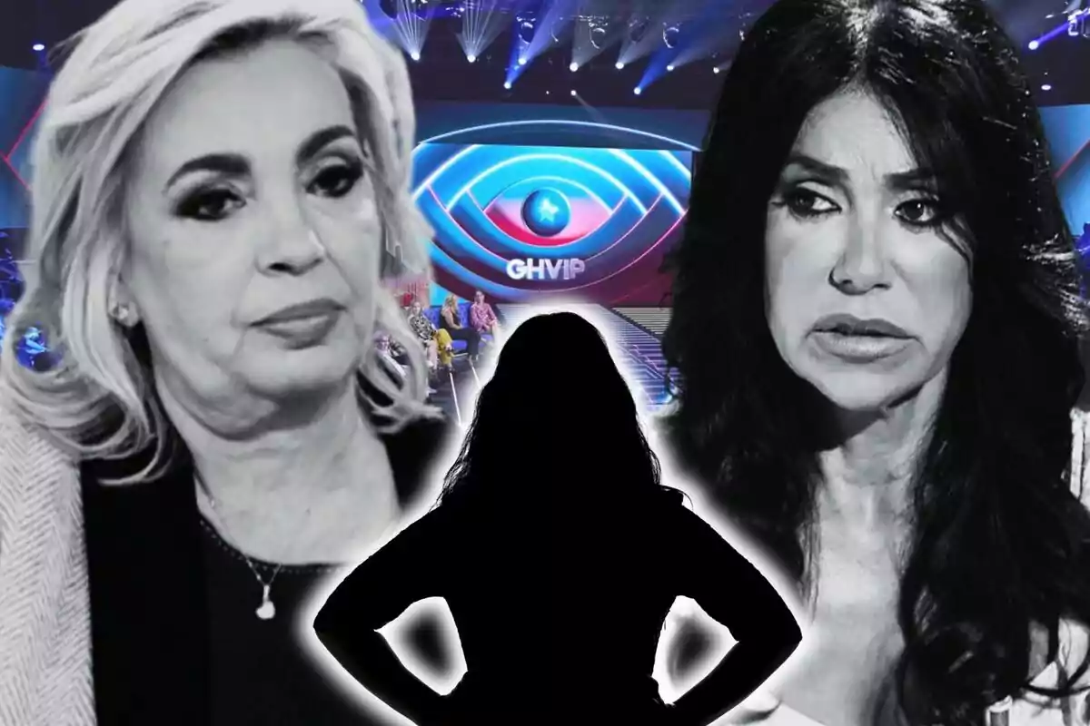 Montaje de fotos de Carmen Borrego y Maite Galdeano en blanco y negro con una silueta en el centro y un escenario de fondo con el logo de GH VIP.