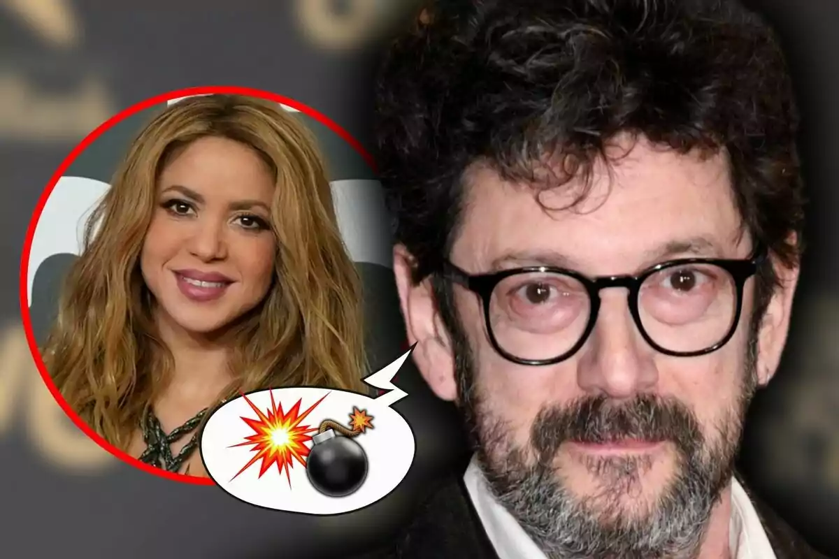 Montaje de fotos de primer plano de Manolo Solo y Shakira con un efecto de explosión en un globo de diálogo.