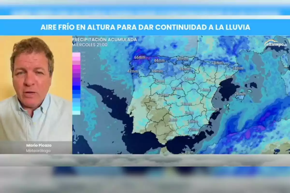 Mario Picazo, el famoso meteorólogo de Mediaset, presenta un mapa del tiempo con pronóstico de lluvias en España mostrando acumulaciones de precipitación en milímetros. Mario Picazo, el famoso meteorólogo de Mediaset, presenta un mapa del tiempo con pronóstico de lluvias en España mostrando acumulaciones de precipitación en milímetros.