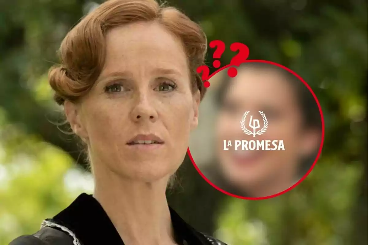 Montaje de fotos de la actriz María Castro en la serie 'La Promesa', en primer plano, junto a una imagen circular desenfocada, el logo de la serie y unos interrogantes.