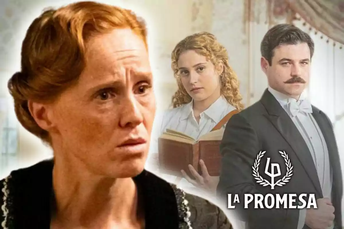 Dos personajes de la serie "La Promesa" con expresiones serias, uno de ellos sosteniendo un libro de fondo y, en primer plano, una imagen de la actriz María Castro con rostro serio.