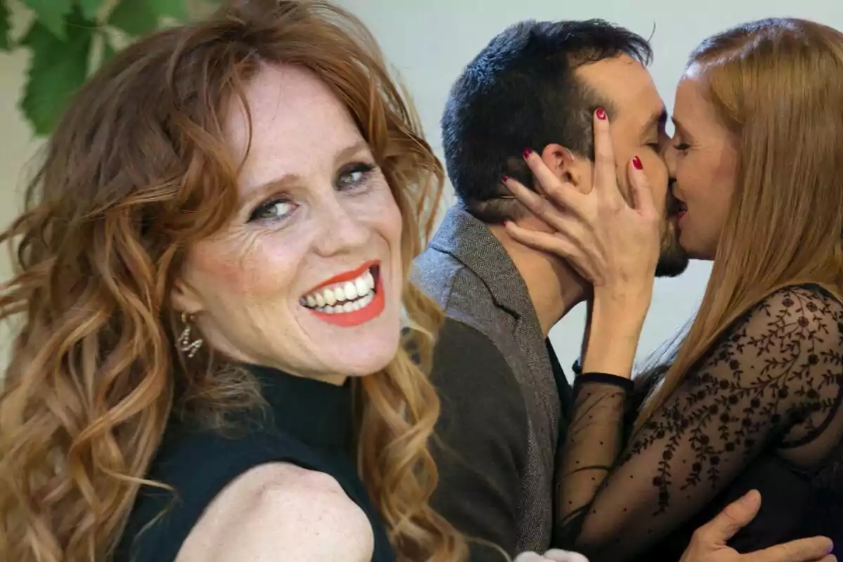 Montaje de fotos de la actriz María Castro en primer plano sonriendo a cámara y una imagen de ella besándose con su marido, Manuel Villalba