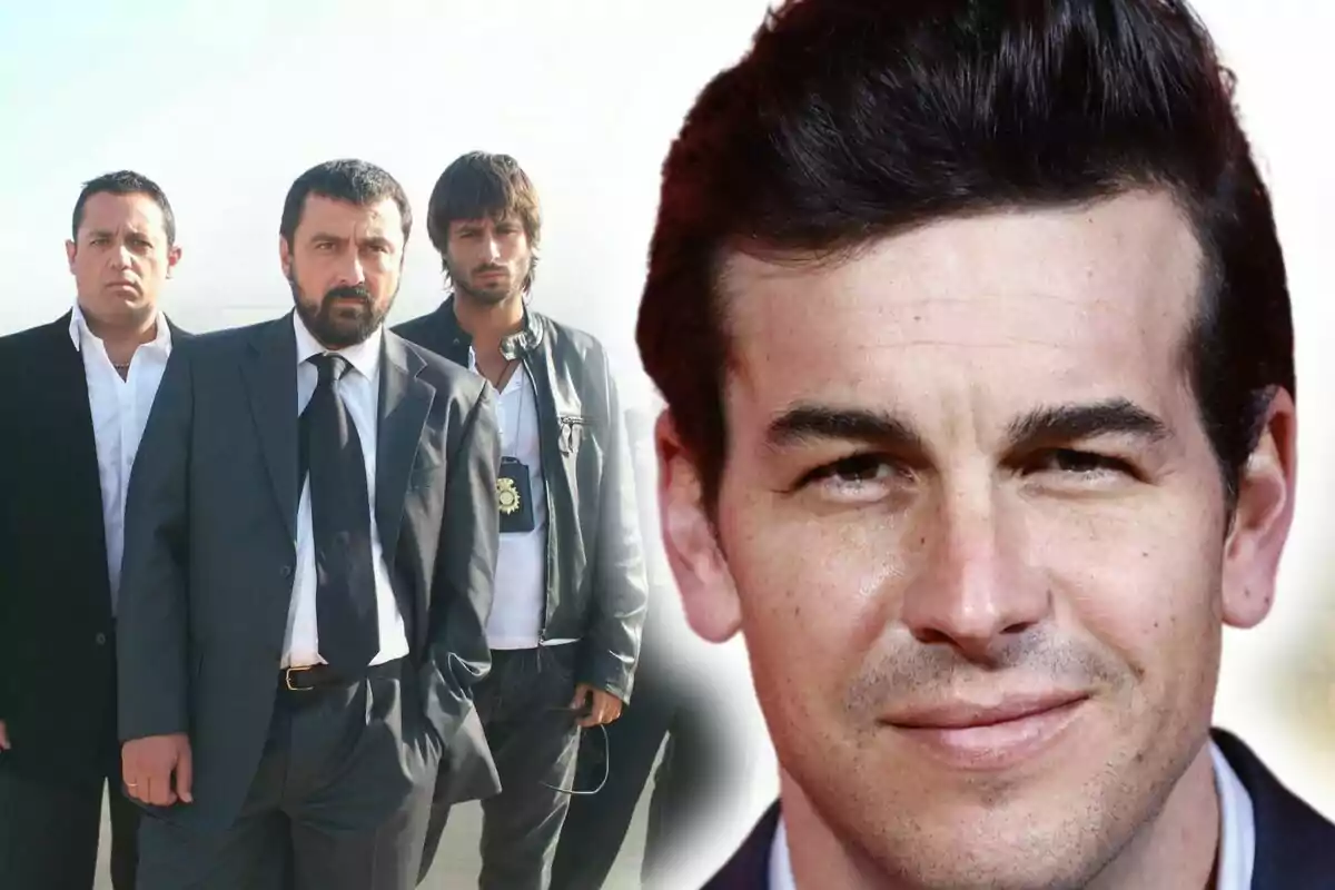 Un grupo de hombres vestidos formalmente que pertenece a la serie 'Los Hombres de Paco' con una imagen de Mario Casas sonriente en primer plano.