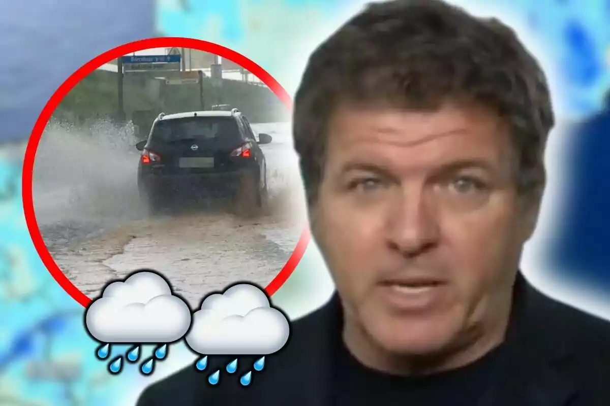 Photo montage of Mario Picazo talking about adverse weather conditions with an image of a car crossing a flooded street and rain symbols.