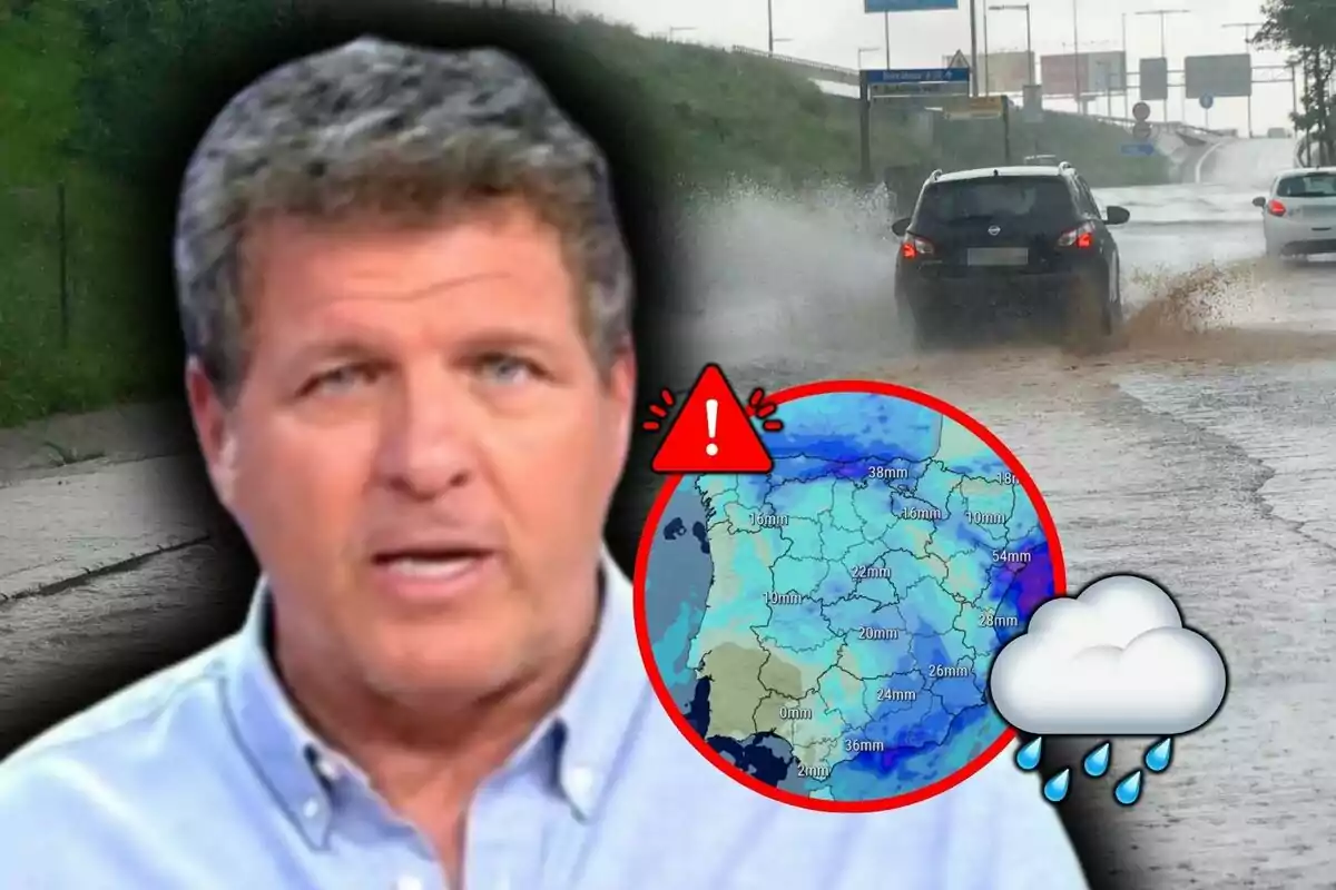 Mario Picazo aparece en primer plano con una imagen de fondo que muestra un mapa meteorológico con advertencias de lluvia y una carretera inundada por la que circulan coches.