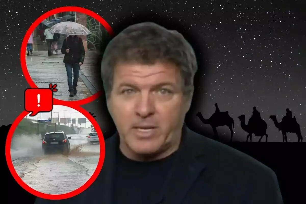 Montaje de fotos con Mario Picazo con rostro neutro en primer plano e imágenes de lluvia y tráfico en círculos rojos sobre un fondo de noche estrellada con siluetas de los Reyes Magos desplazándose encima de camellos.