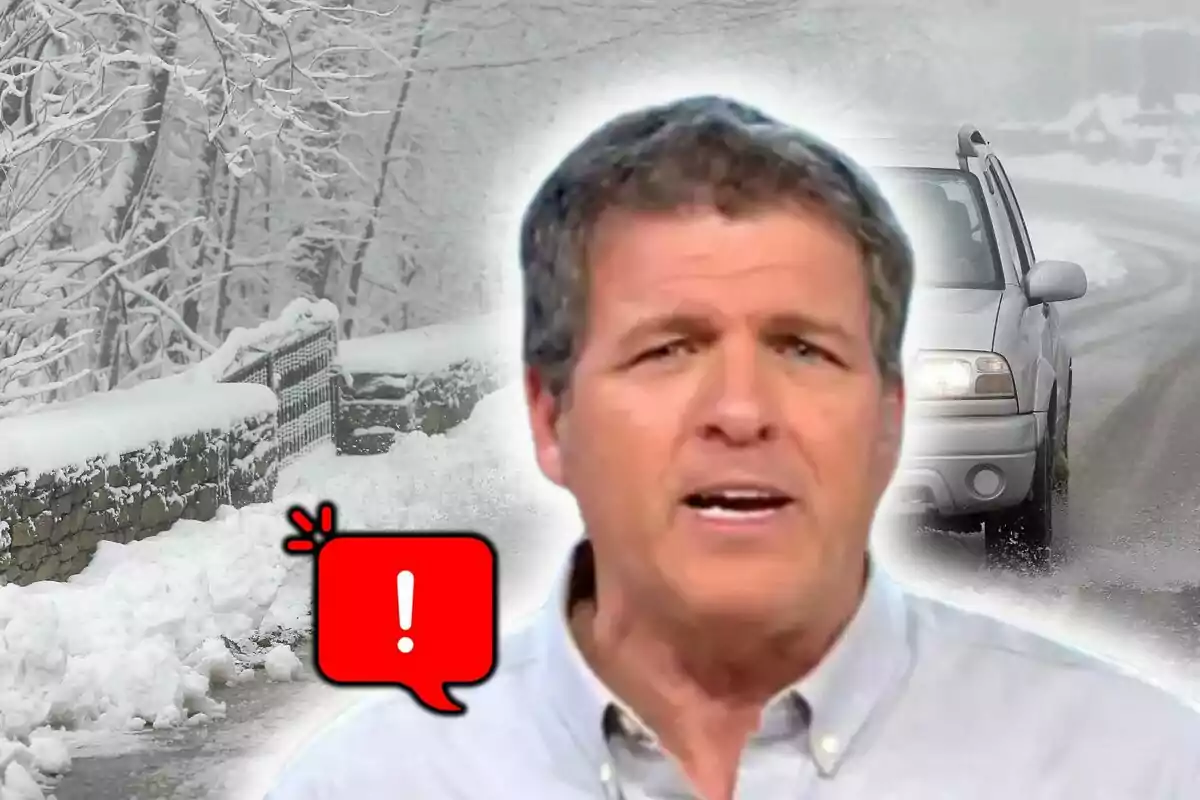 Photo montage of Mario Picazo speaking with a snowy road and a car in the background, joined by a red warning icon.