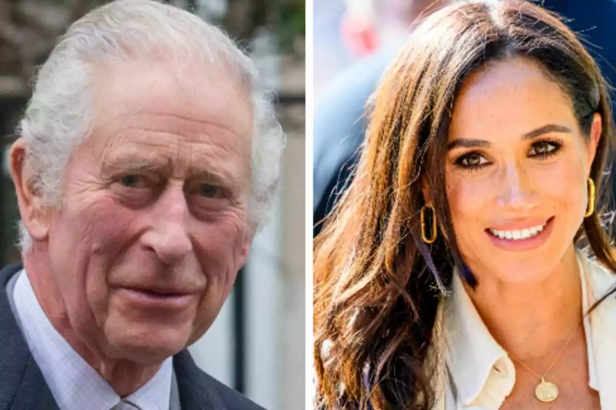 Close-up photo montage of Meghan Markle and Charles III, both with smiling faces. Close-up photo montage of Meghan Markle and Charles III, both with smiling faces.