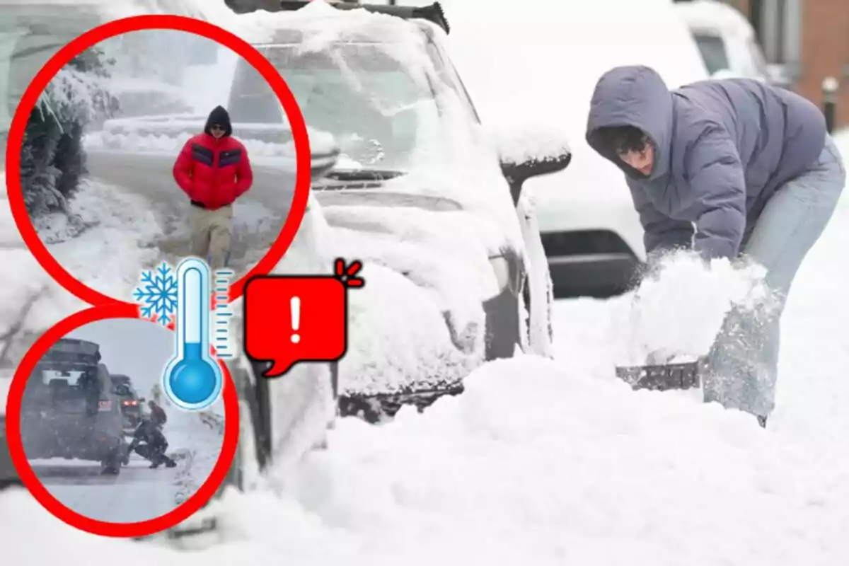 A person removes snow from a car while other images show someone walking in the snow and a car on a snowy road with cold warning icons.