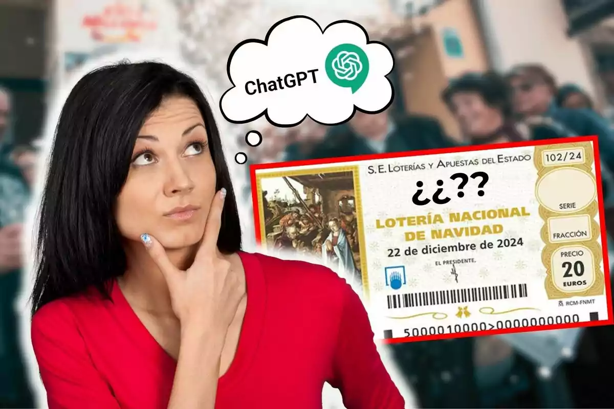 Una mujer pensativa con una burbuja de pensamiento que dice "ChatGPT" y un billete de lotería de Navidad del 22 de diciembre de 2024 en el fondo.