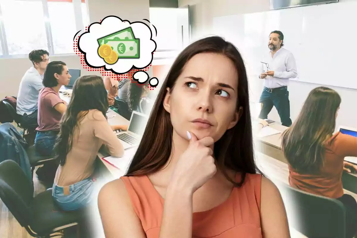Una mujer pensativa con una burbuja de pensamiento que muestra dinero mientras un grupo de personas asiste a una clase. Una mujer pensativa con una burbuja de pensamiento que muestra dinero mientras un grupo de personas asiste a una clase.