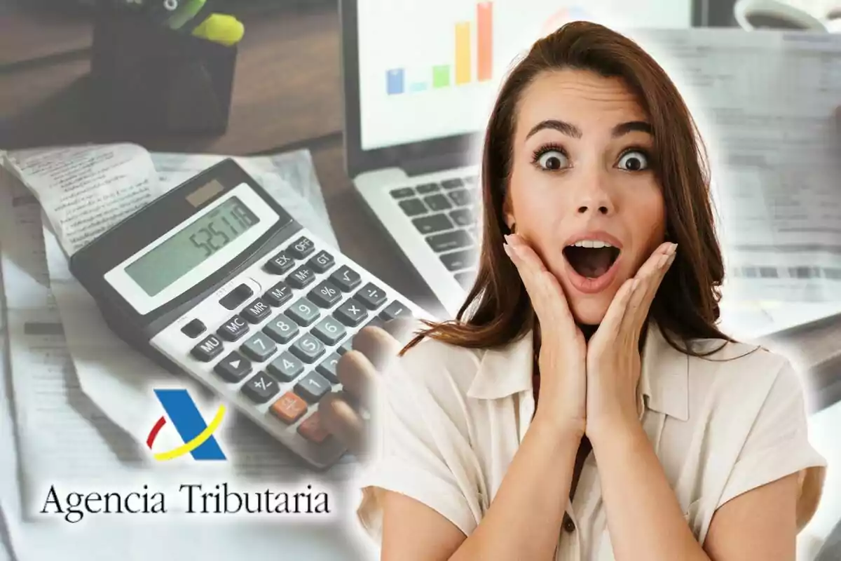 A surprised woman with her hands on her face, a calculator showing a total of 525.18, a laptop with graphics and the logo of the Tax Agency.