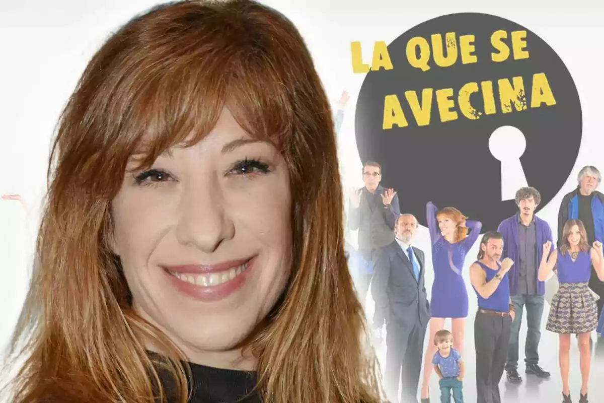 Montaje de fotos de Nathalie Seseña sonriente frente a un cartel de "La que se avecina" con varios personajes de la serie.