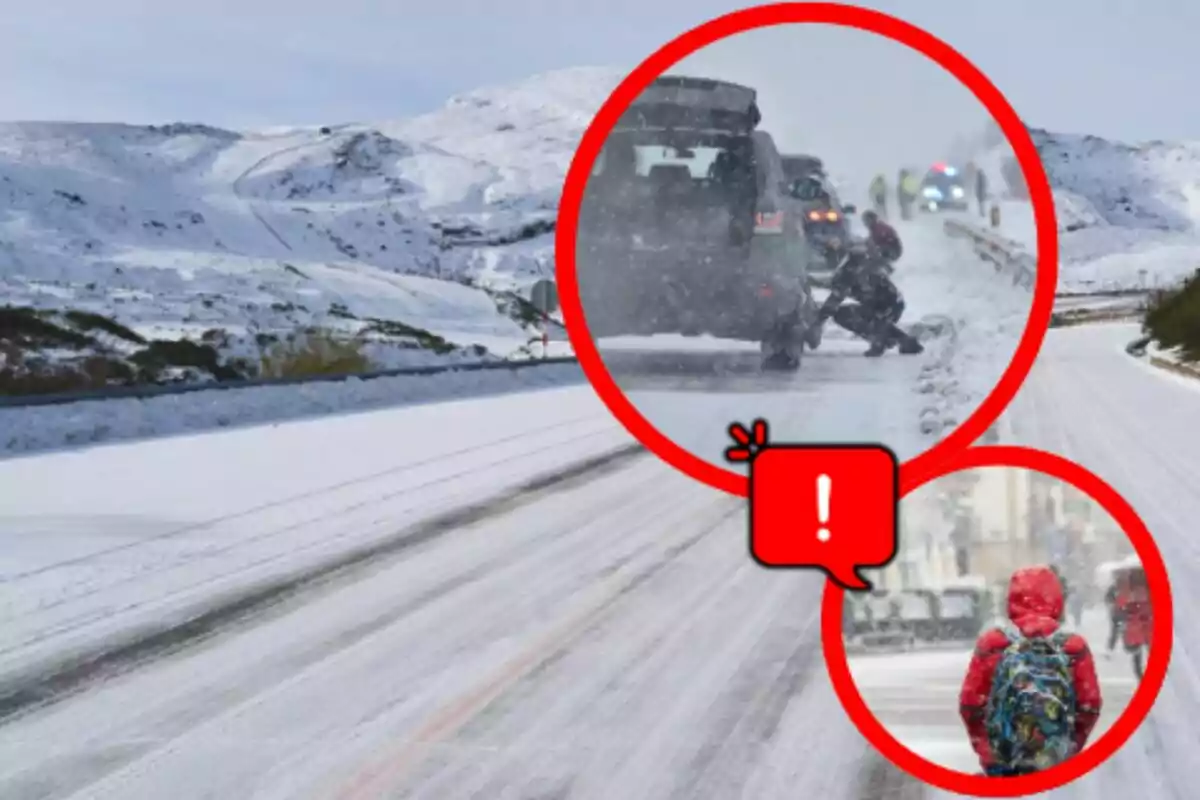 Snowy road with circles highlighting a stopped car and a person walking with a backpack under the snow.