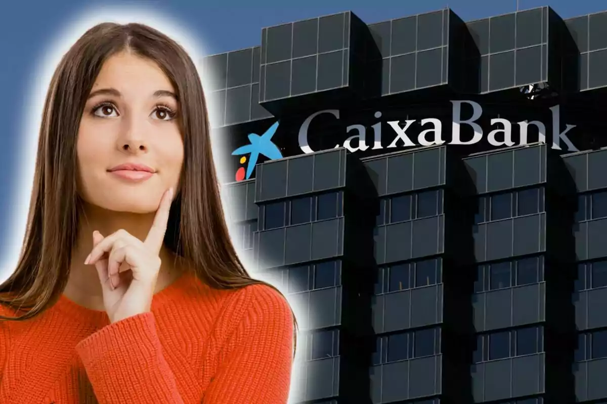 Mujer pensativa con un edificio de CaixaBank de fondo.