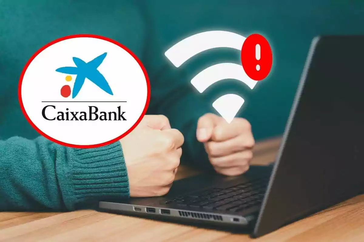 Frustrated person in front of a laptop with the CaixaBank logo and a Wi-Fi connection alert symbol.