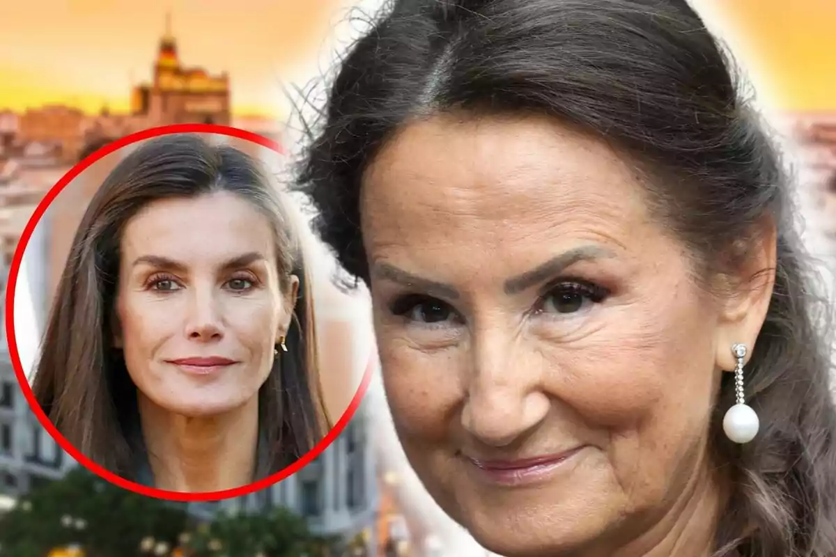 Letizia Ortiz and Paloma Rocasolano with serious expressions, one in the foreground and the other in a red circle on an urban background at sunset.