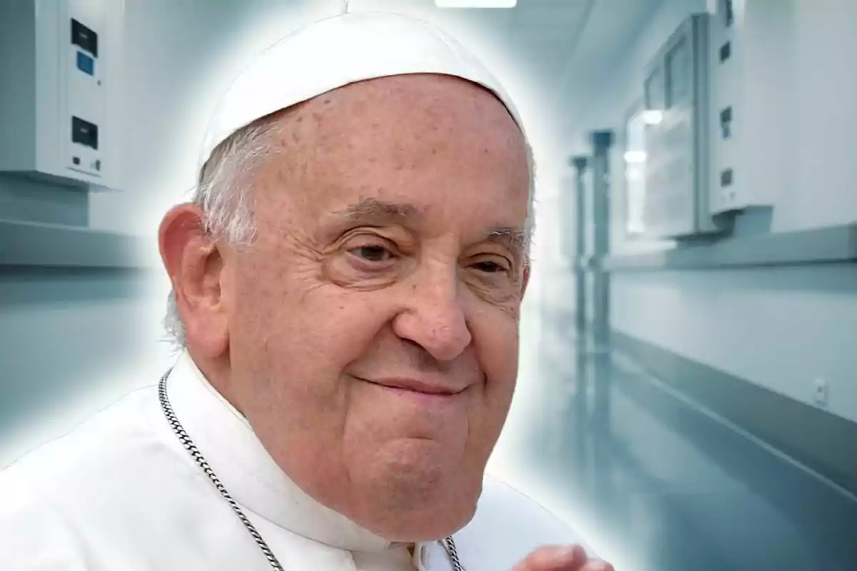 Close-up photo montage of Pope Francis with a hospital in the background.