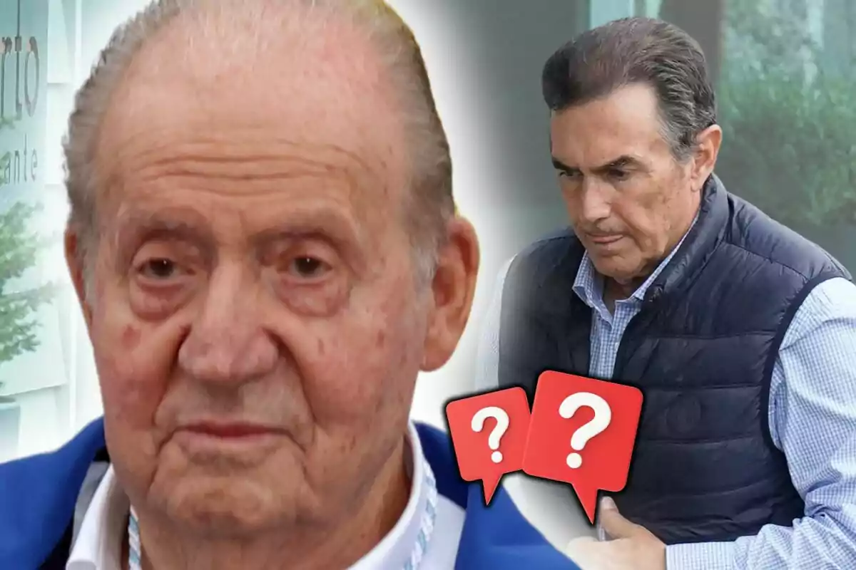 Dos hombres mayores aparecen en la imagen, uno de ellos es Juan Carlos I en primer plano y el otro aparece en el fondo y es Pedro Campos, con iconos de signos de interrogación superpuestos.