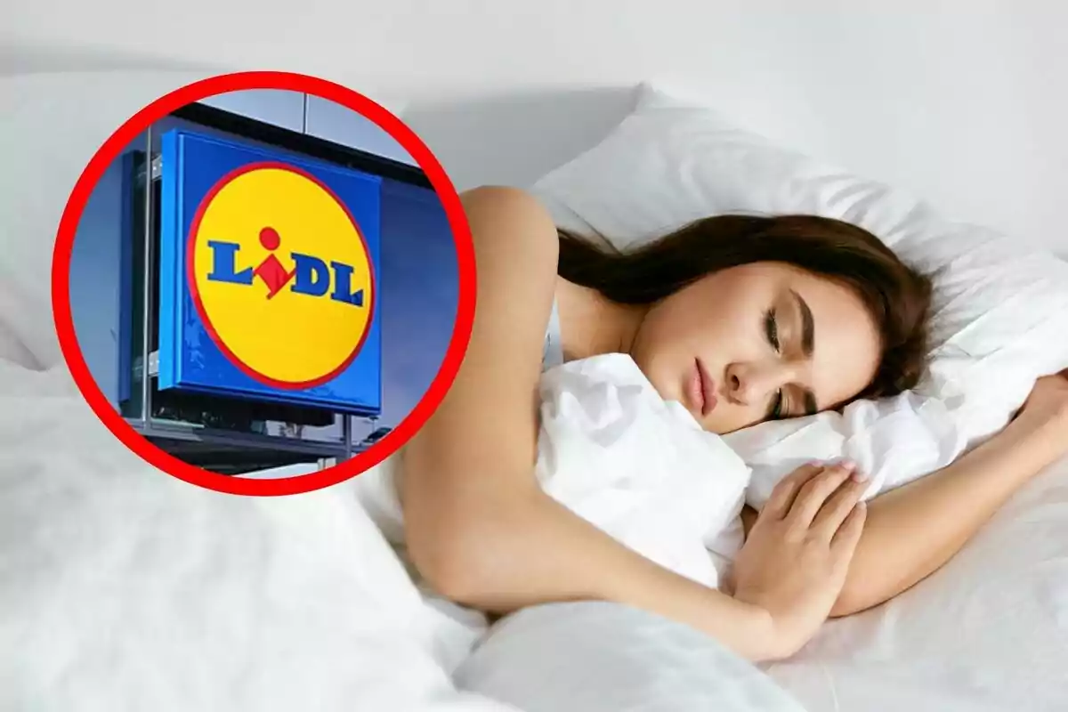 Una mujer duerme plácidamente en una cama mientras un logotipo de Lidl aparece en un círculo rojo en la esquina superior izquierda.