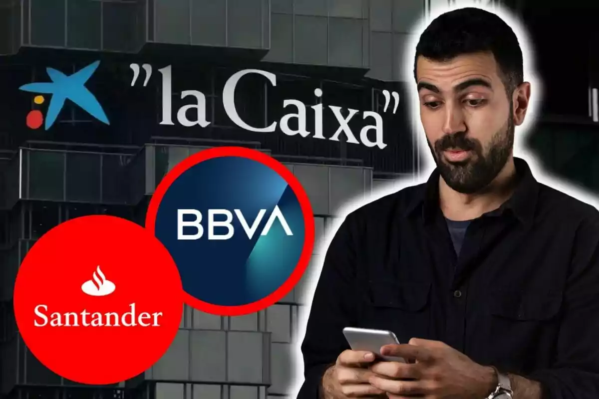 A man caught looking at his phone in front of logos of banks such as Santander, BBVA and a CaixaBank building.