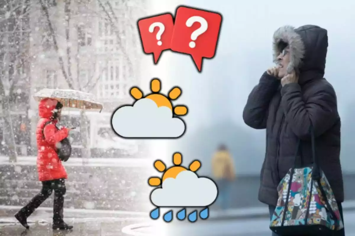 Two people bundled up in a winter setting with cloudy and rainy weather icons and question marks.