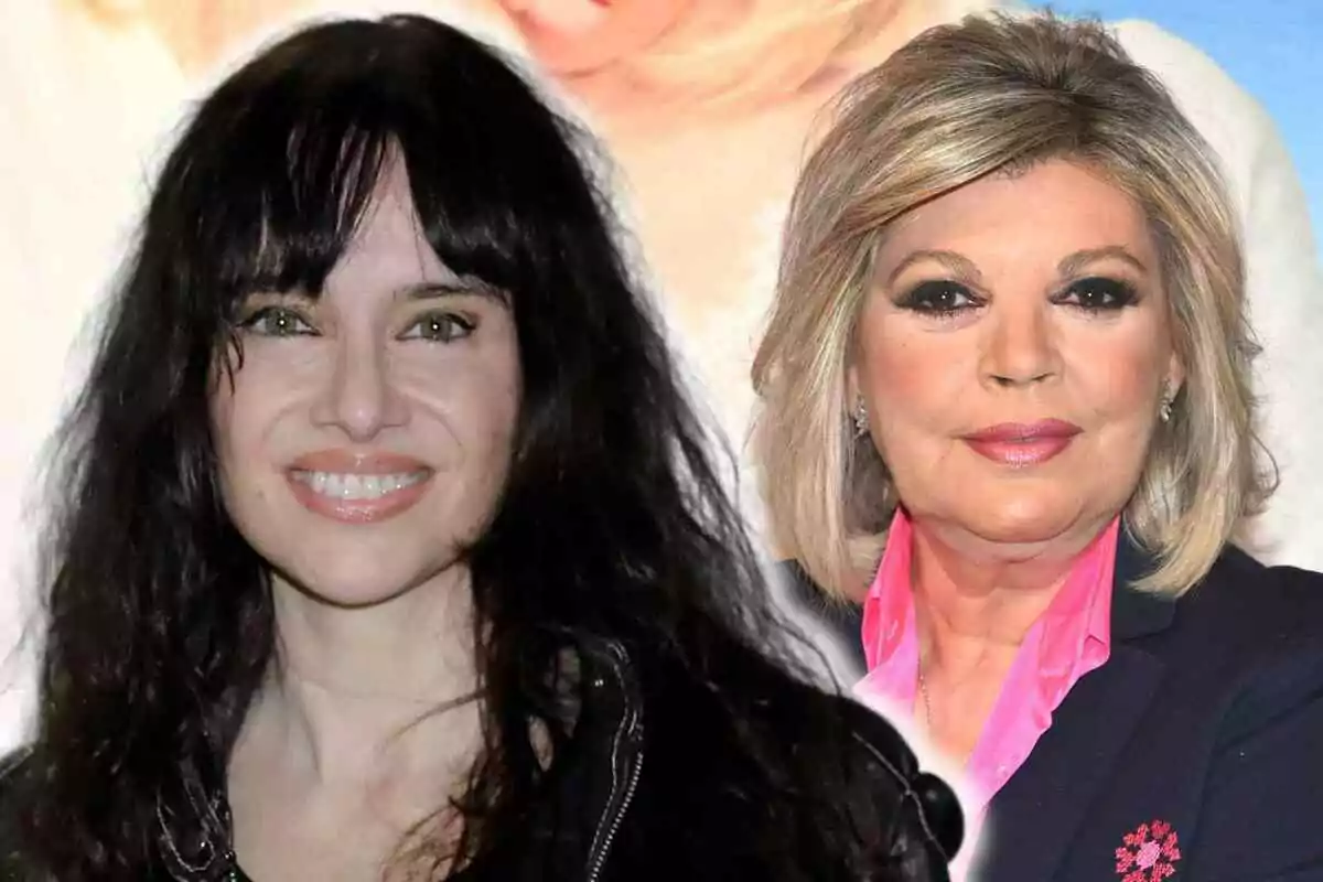 Terelu Campos and Beatriz Rico pose together, Beatriz with dark hair and Terelu with blonde hair, both smiling in front of a light background.