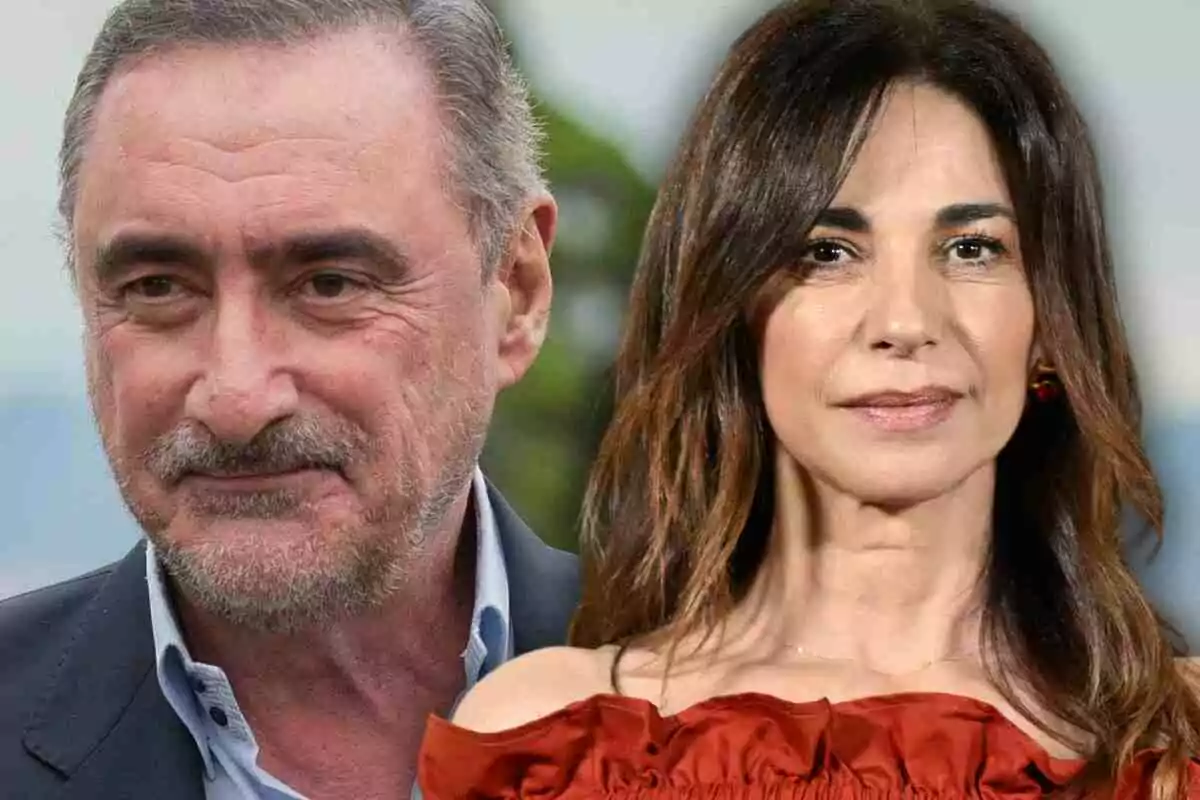 Carlos Herrera de cabello canoso y barba junto a Mariló Montero de cabello castaño y vestido rojo, ambos mirando al frente.