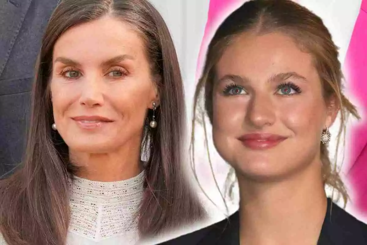 La reina Letizia y la princesa Leonor posando una al lado de la otra con expresiones serenas y fondo difuminado