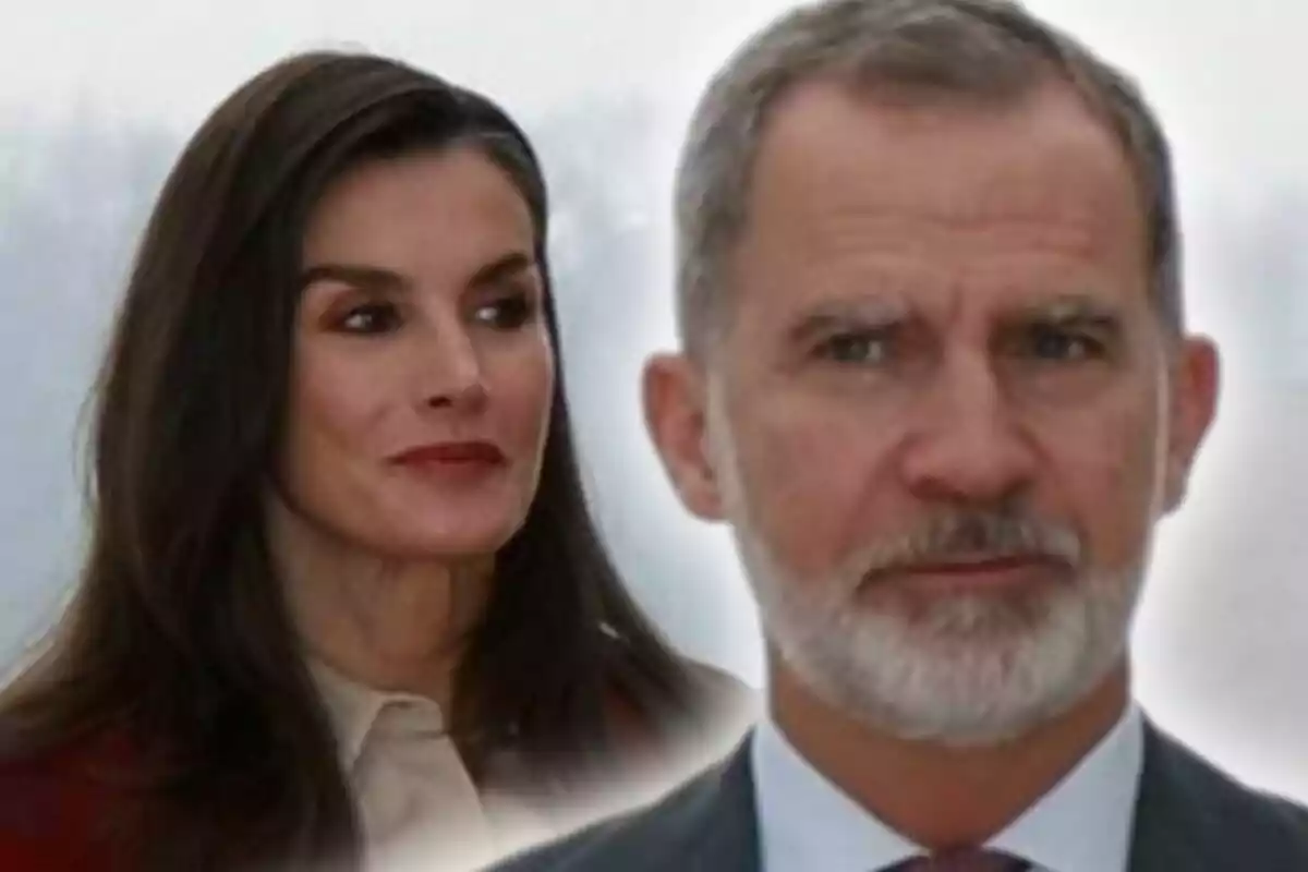 Photo montage of Don Felipe and Doña Letizia looking in opposite directions with serious expressions.