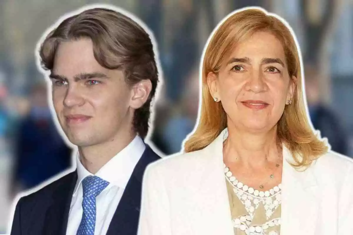 Miguel Urdangarin y la infanta Cristina posando juntas, un hombre joven con traje y corbata azul y una mujer con cabello rubio y chaqueta blanca.
