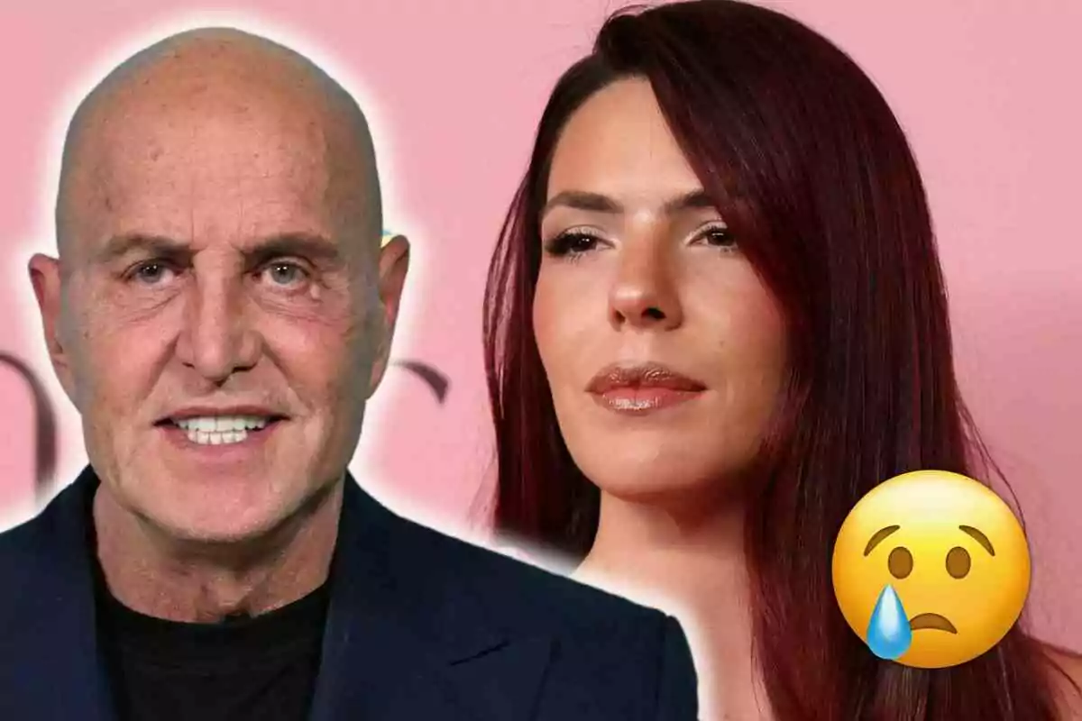Kiko Matamoros y Laura Matamoros posan juntos frente a un fondo rosa con un emoji de carita triste y una lágrima.