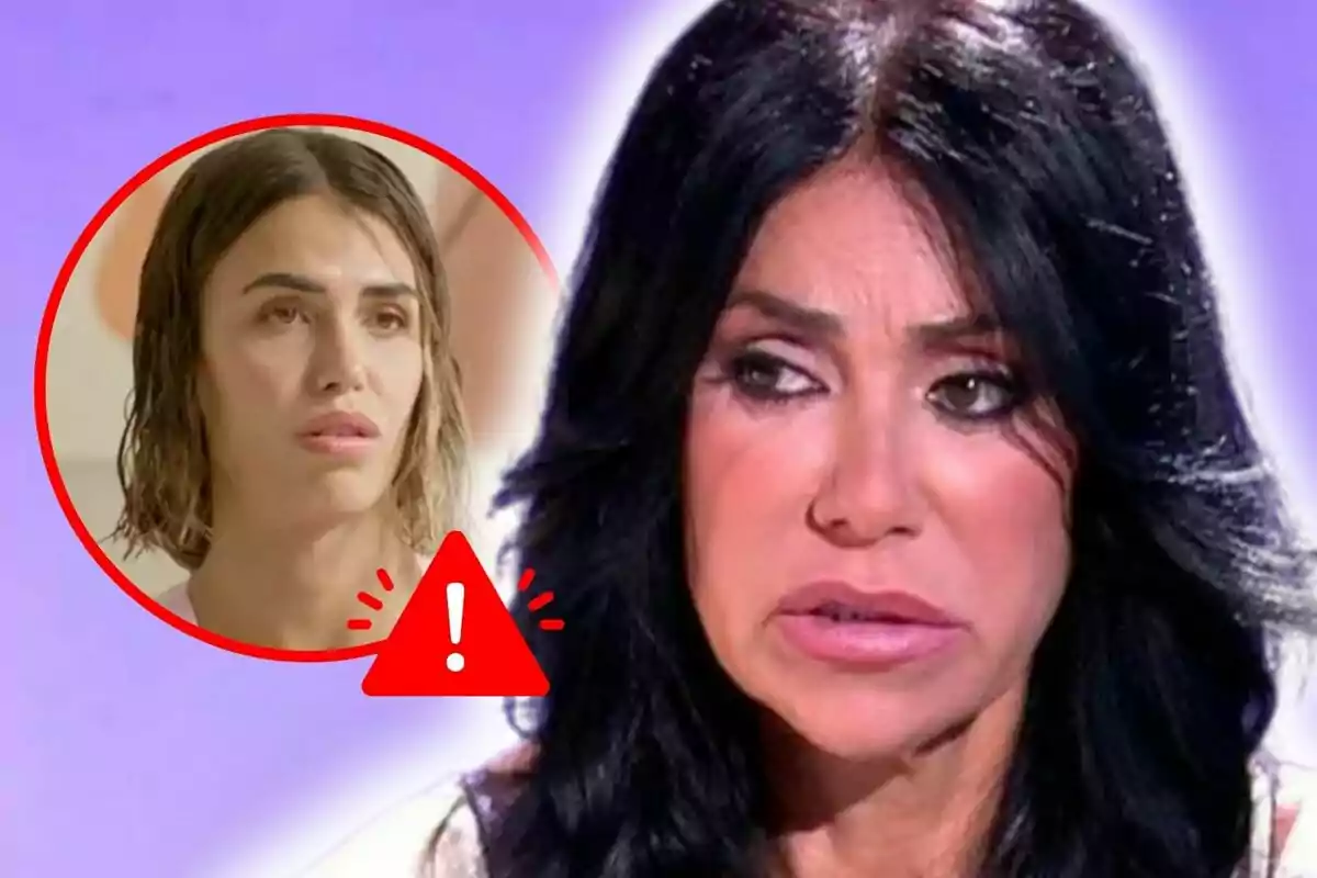 Montaje de fotos de primer plano de Maite Galdeano y Sofía Suescun, ambas sentadas en un plató de Mediaset España y con rostro serio.