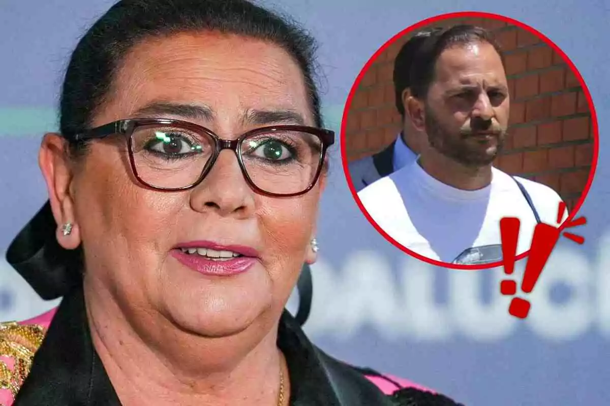 María del Monte con gafas y expresión seria aparece en primer plano, mientras que en un círculo rojo se muestra a Antonio Tejado con barba y camiseta blanca.