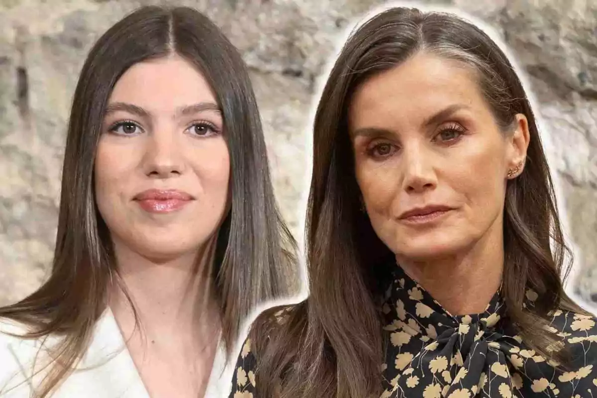 La reina Letizia y la infanta Sofía con cabello oscuro posan frente a un fondo neutro. La reina Letizia y la infanta Sofía con cabello oscuro posan frente a un fondo neutro.