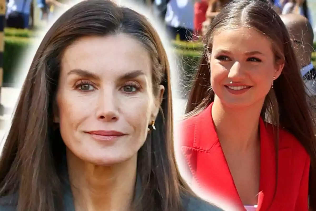 Montaje de fotos de primer plano de la reina Letizia Ortiz con rostro serio y su hija, la princesa Leonor con rostro sonriente.