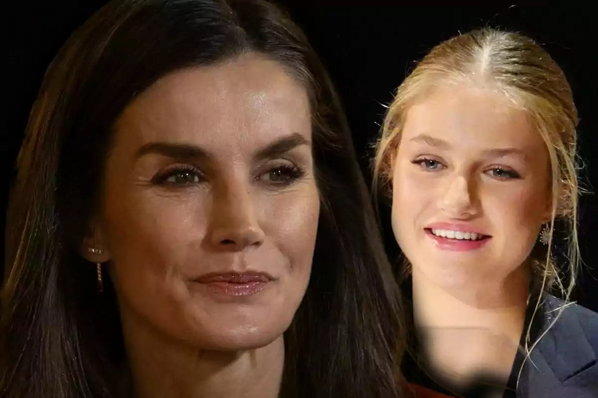 Montaje de fotos de primer plano de Letizia Ortiz y Leonor de Borbón, ambas con rostro serio.