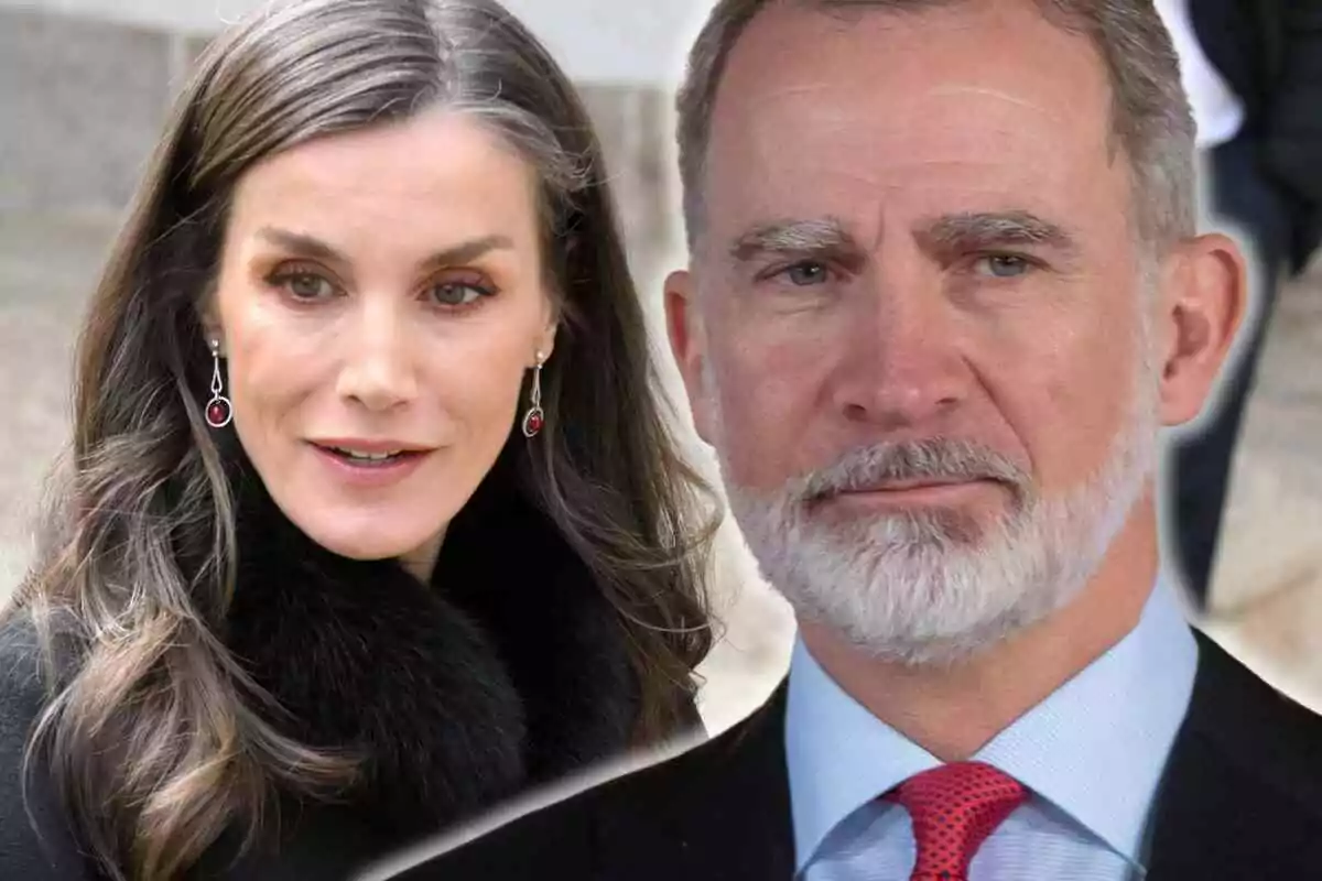 La reina Letizia y el rey Felipe posando en un entorno exterior, ella con cabello largo y oscuro y él con barba y cabello corto.