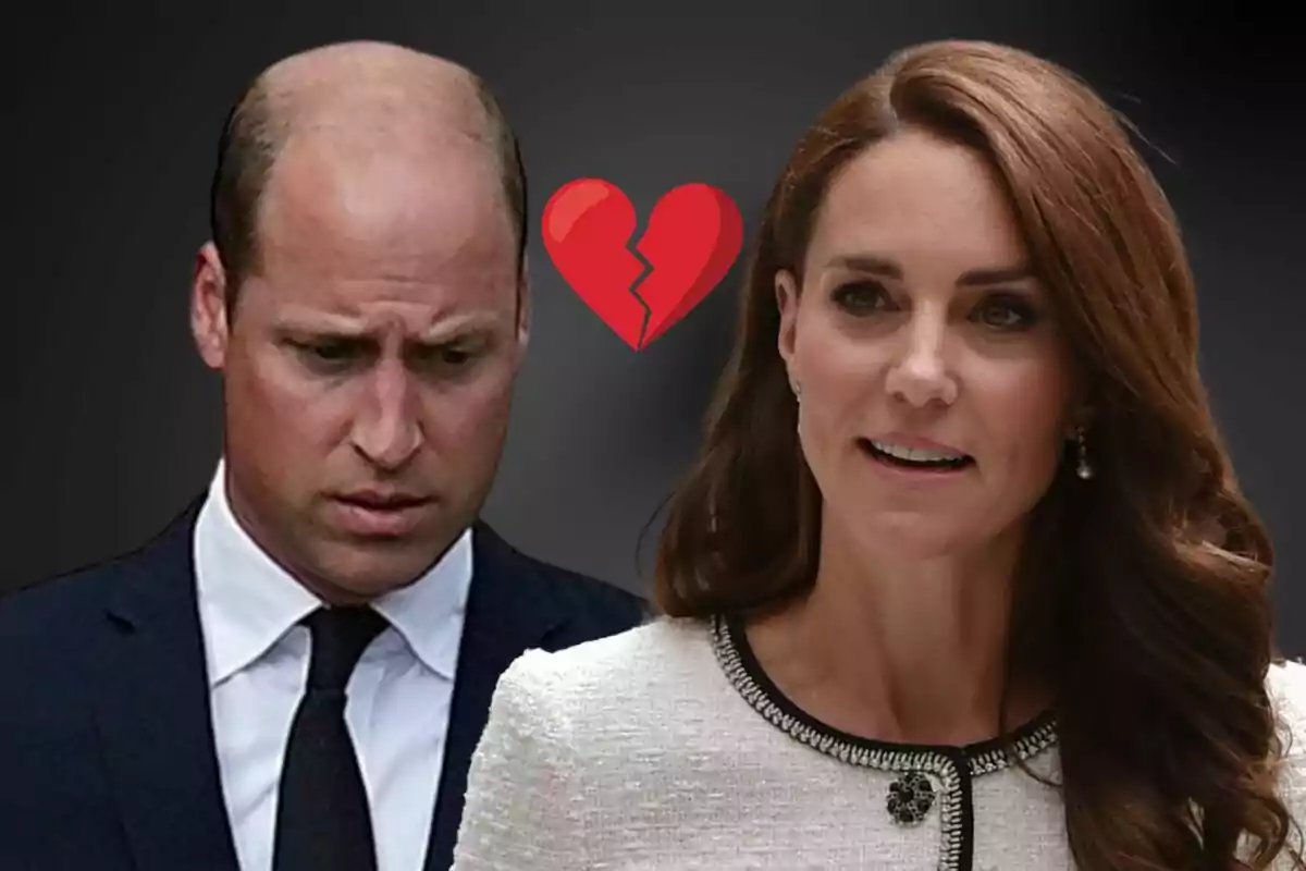 Montaje de fotos del príncipe Guillermo y Kate Middleton en primer plano con un corazón roto entre ellos y un fondo negro.