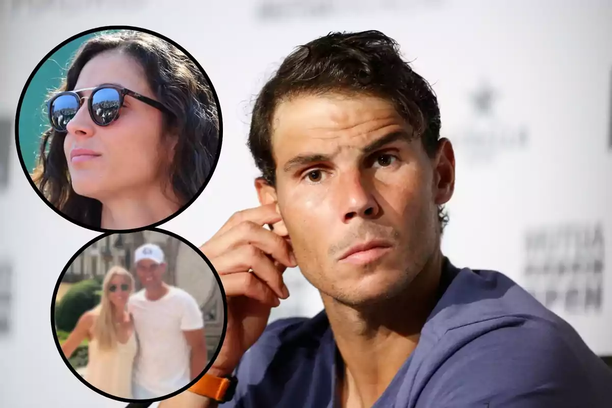 Montaje de Rafa Nadal serio tocándose una oreja, en un círculo su mujer, Xisca Perelló, con gafas de sol, y en otro círculo inferior una imagen distorsionada de Rafa Nadal con su hermana Maribel sonrientes