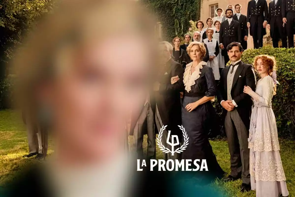 Montaje de fotos con el reparto de la serie 'La Promesa' de TVE junto a su logo y una imagen de una de sus protagonistas desenfocada