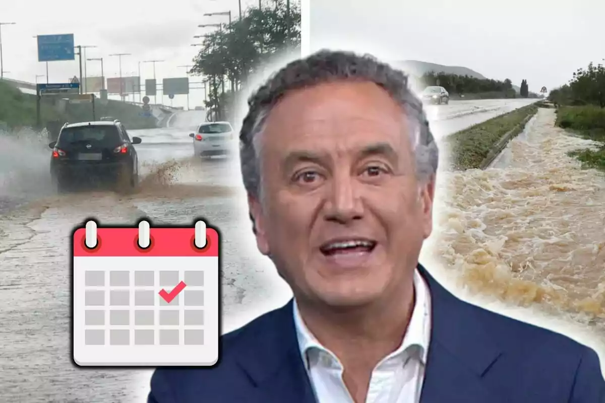 Roberto Brasero hablando frente a imágenes de una carretera inundada y un emoji de un calendario con una marca de verificación en un día concreto del mes.